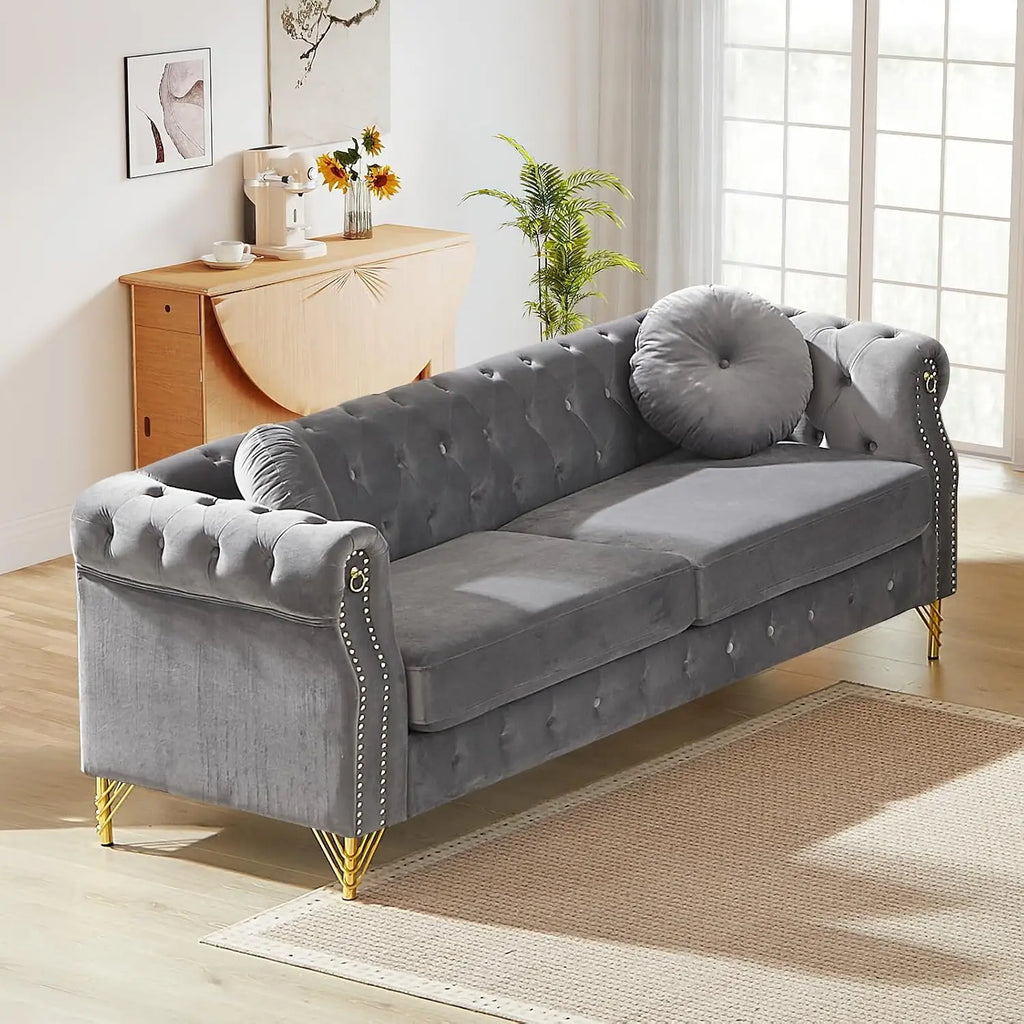 Sofa, Tufted Velvet Nailhead Trim Gold Legs, 3-Seater Deep Seat Living Room Bedroom Office 82" Beige, Customized