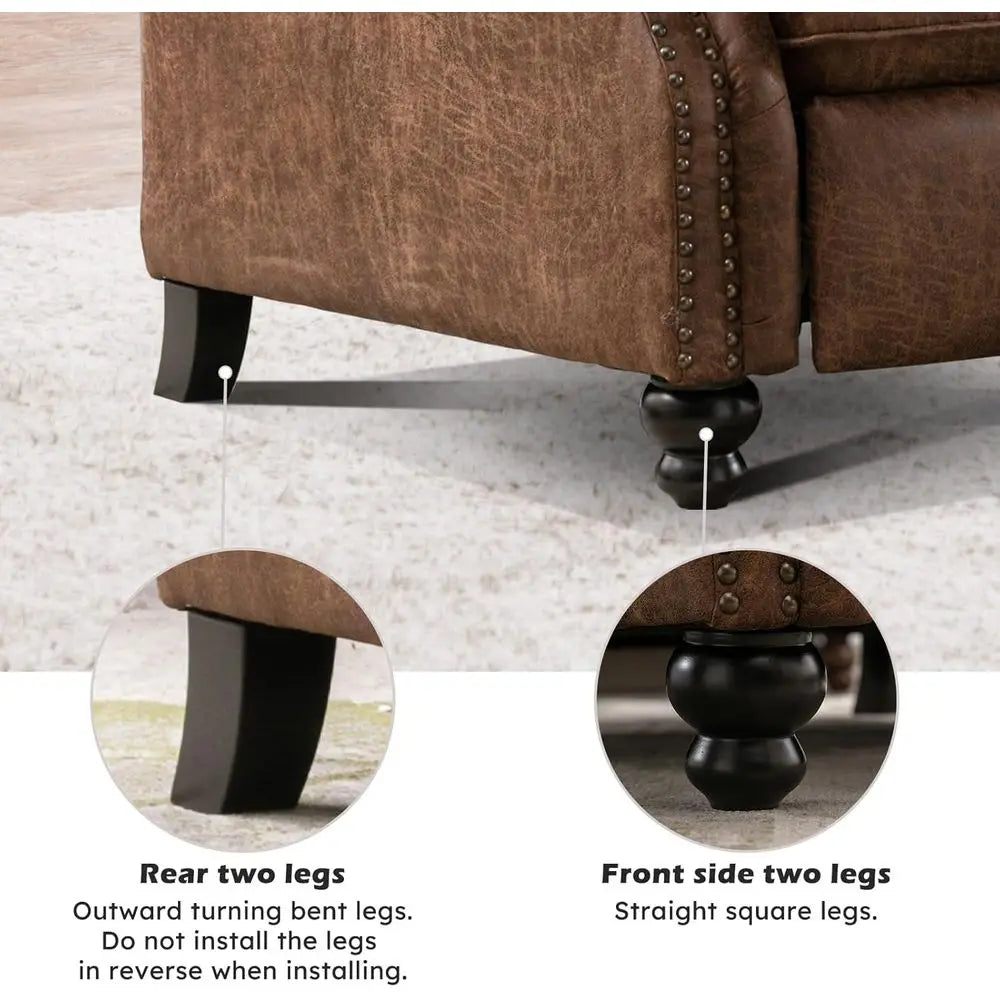 Push Back Recliner Chair aux Leather Lounge Armchair with Rivet Decoration Wingback Single Soa Chair with Padded Seat Solid Wood