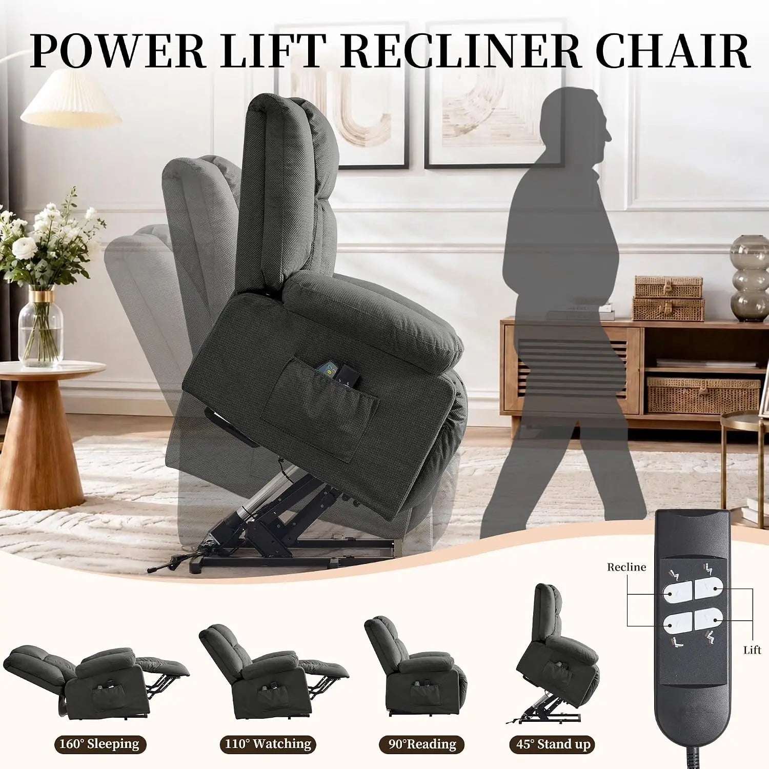 Dual Motor Power Lift Recliner Chair for Elderly Massage Heat Oversized Electric Recliner Side Pockets Living Room Waffle Grey