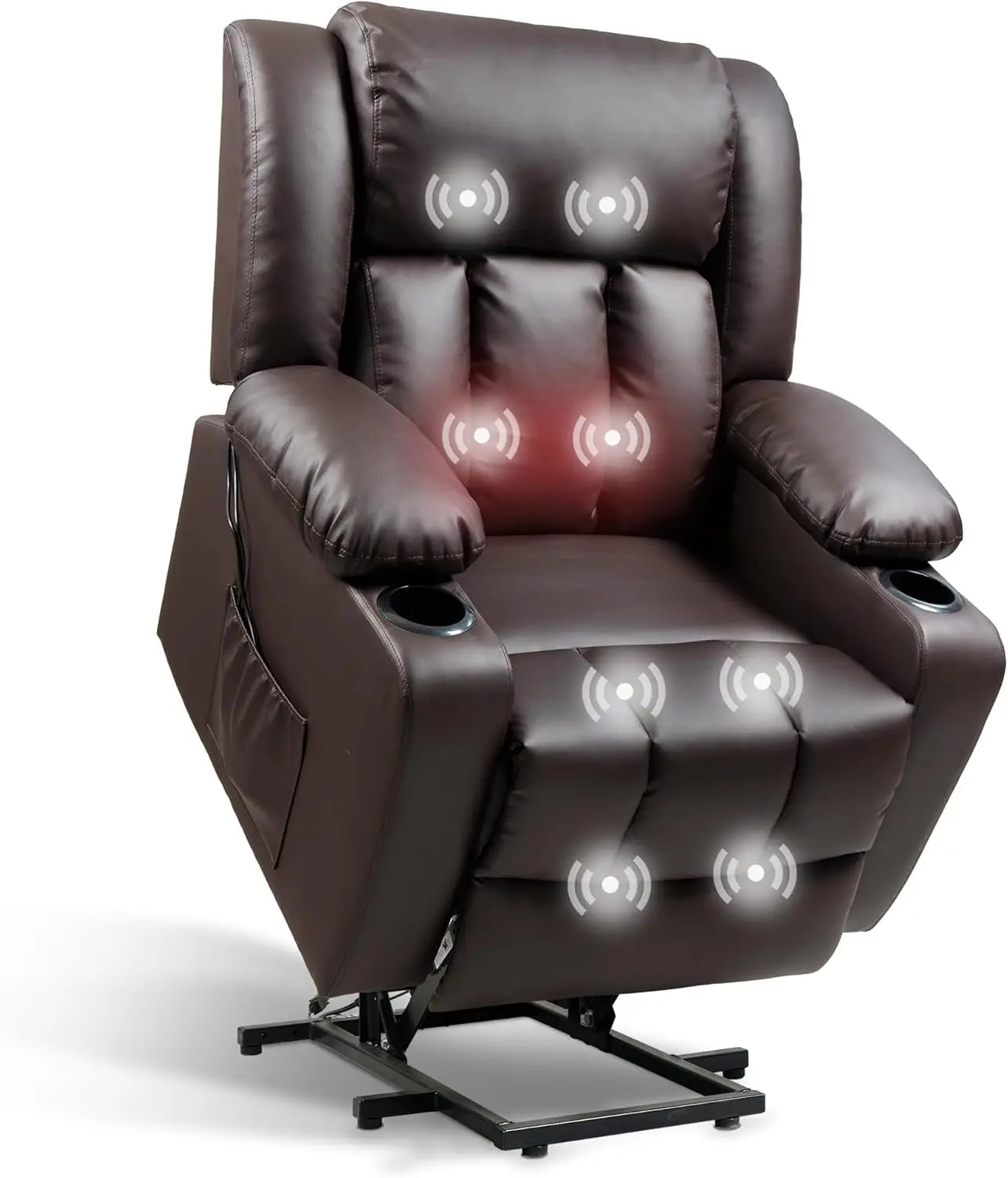 Electric Lift Recliner Chair with Massage & Heat for Elderly, PU Leather Sofa Cup Holders