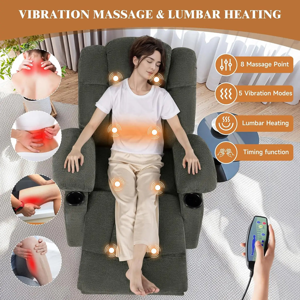 Swivel Rocker Recliner Chair for Adults, Manual Glider Sofa with Massage, Heat & Vibration, 360° Rocking for Living Room, Custom