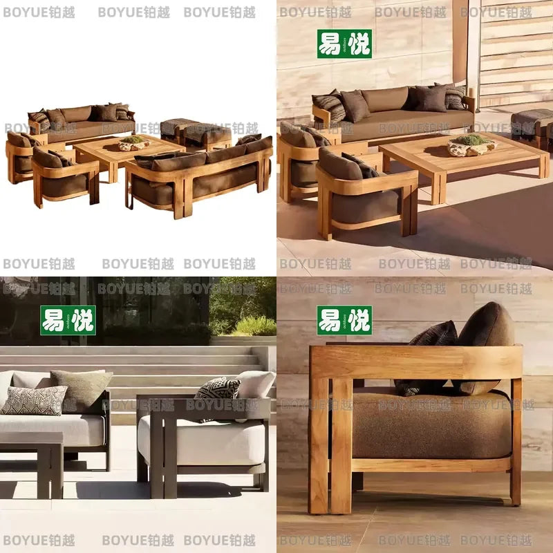 Waterproof Aluminum Alloy Outdoor Sofa Set with Solid Teak Wood Frame for Courtyard Patio Garden Sunroom Furniture