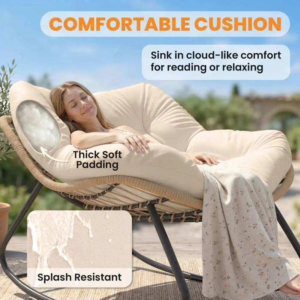 Oversized PE Wicker Rocking Papasan Chair, Egg‑Shaped Outdoor Saucer Chair with 3.9" Thick Cushion, Powder‑Coated Steel Frame Anti‑Slip Rocker for Porch Balcony