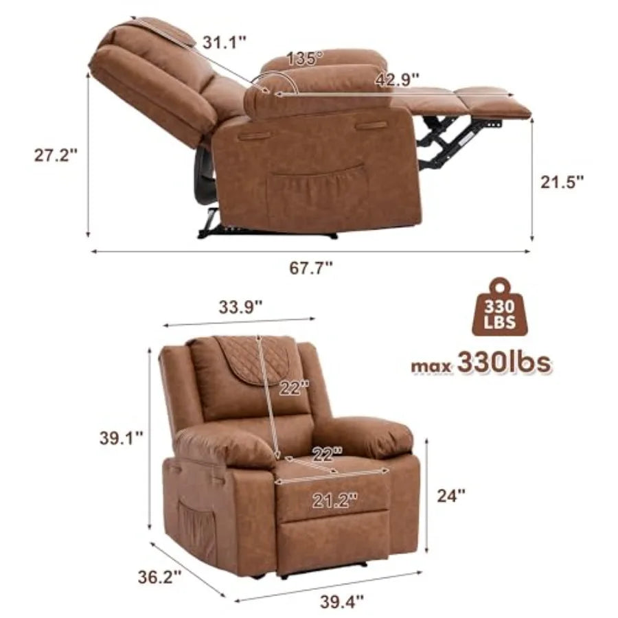 Adult Manual Recliner with Heating and Massage Functions 135° Front and Rear Adjustment - Equipped with Side Storage Pockets an