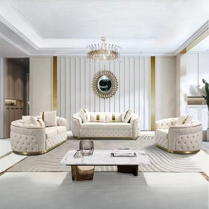 Luxury Chesterfield Sectional Sofa Set with Cloth Buttons and Fabric Modular Couch with Gold Stainless Steel Base, 3-seater Sofa