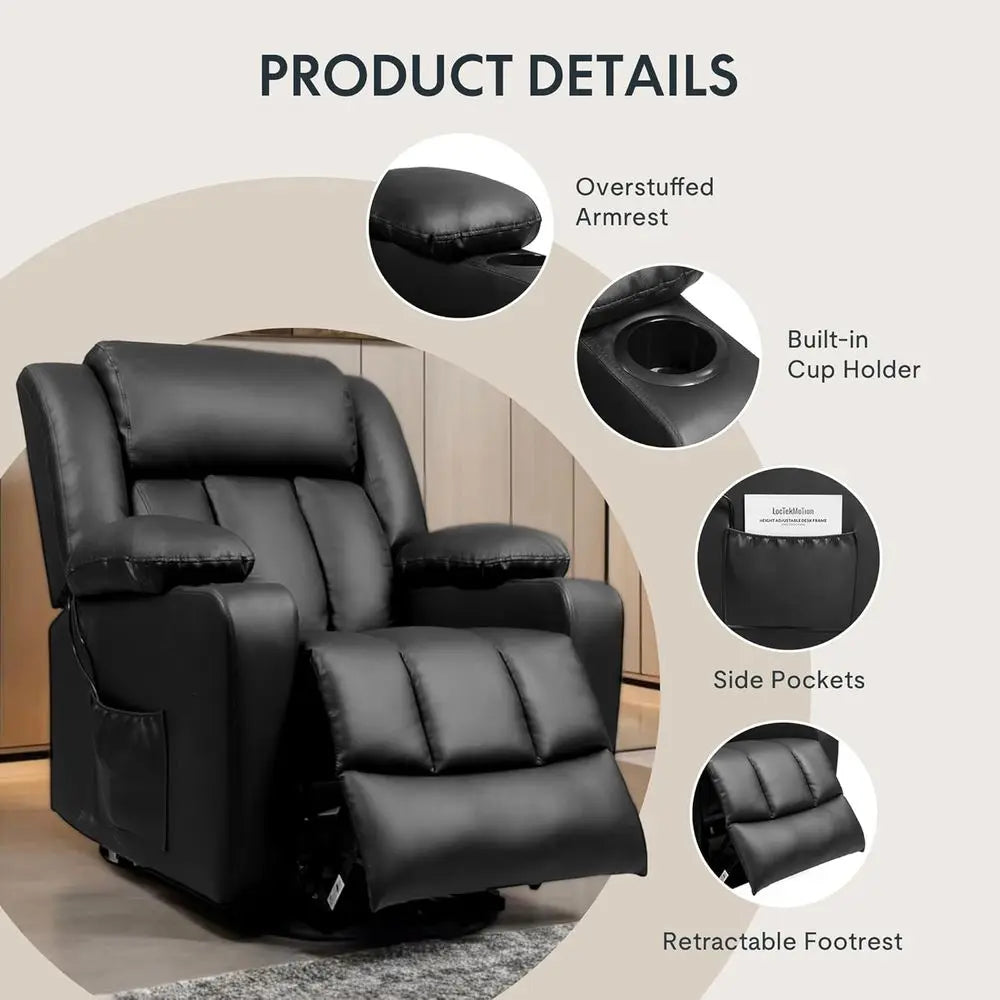 XL31 Power Lit Recliner Chair or Elderly, Electric Lit Chair with Massage & Heat, PU Leather Reclining Soa w/Cup Holders, Side k