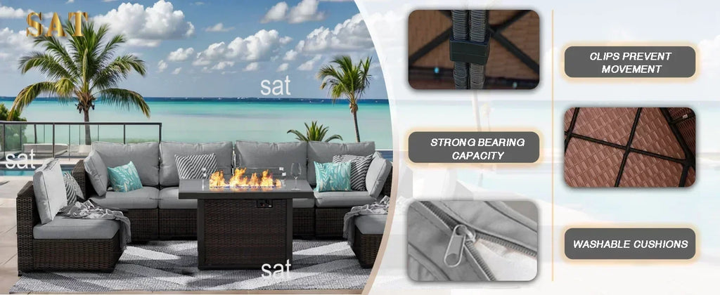 /Garden Furniture 7 Pie Set with Fire Pit Table, Rattan Outdoor Patio Sectional Conversation Furniture Sets WSeat Cushions