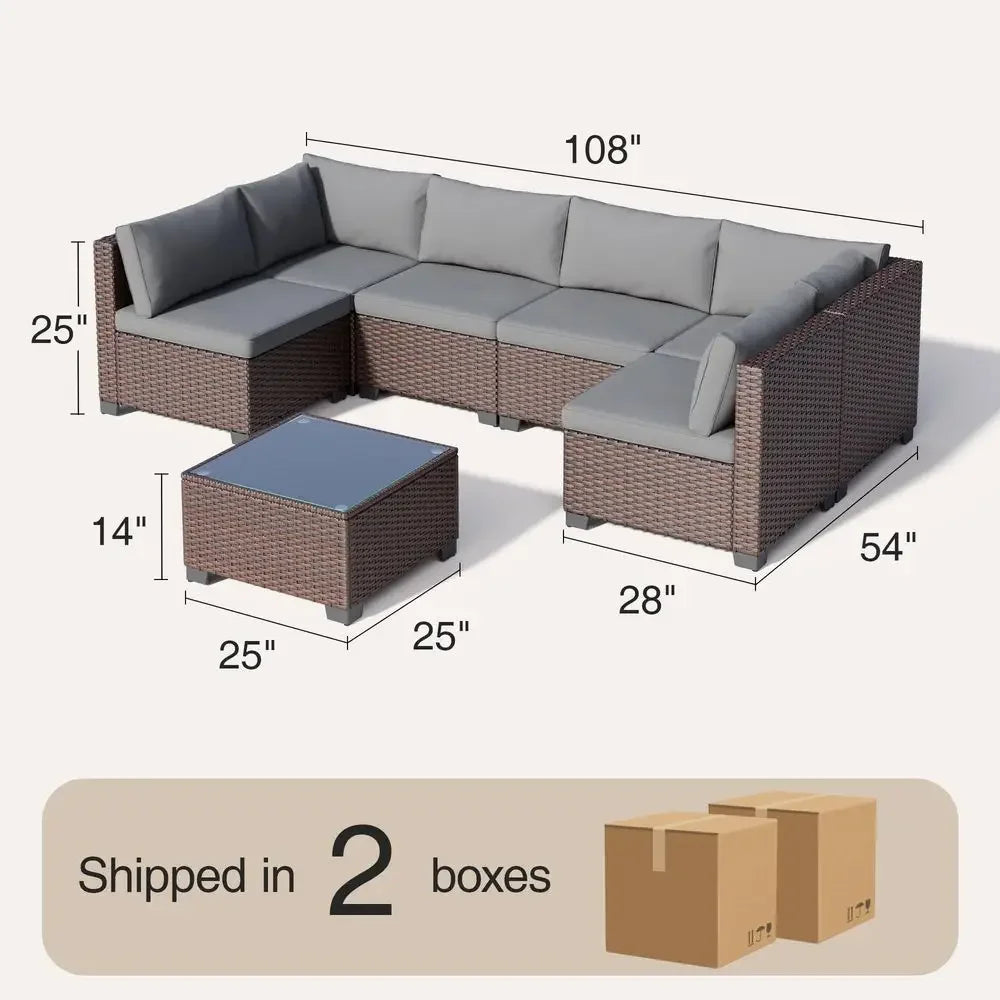 7 Pieces Outdoor Patio Furniture Set, PE Rattan Outdoor Wicker Sectional Furniture Sofa Set, with Cushions and Glass Coffee Tab