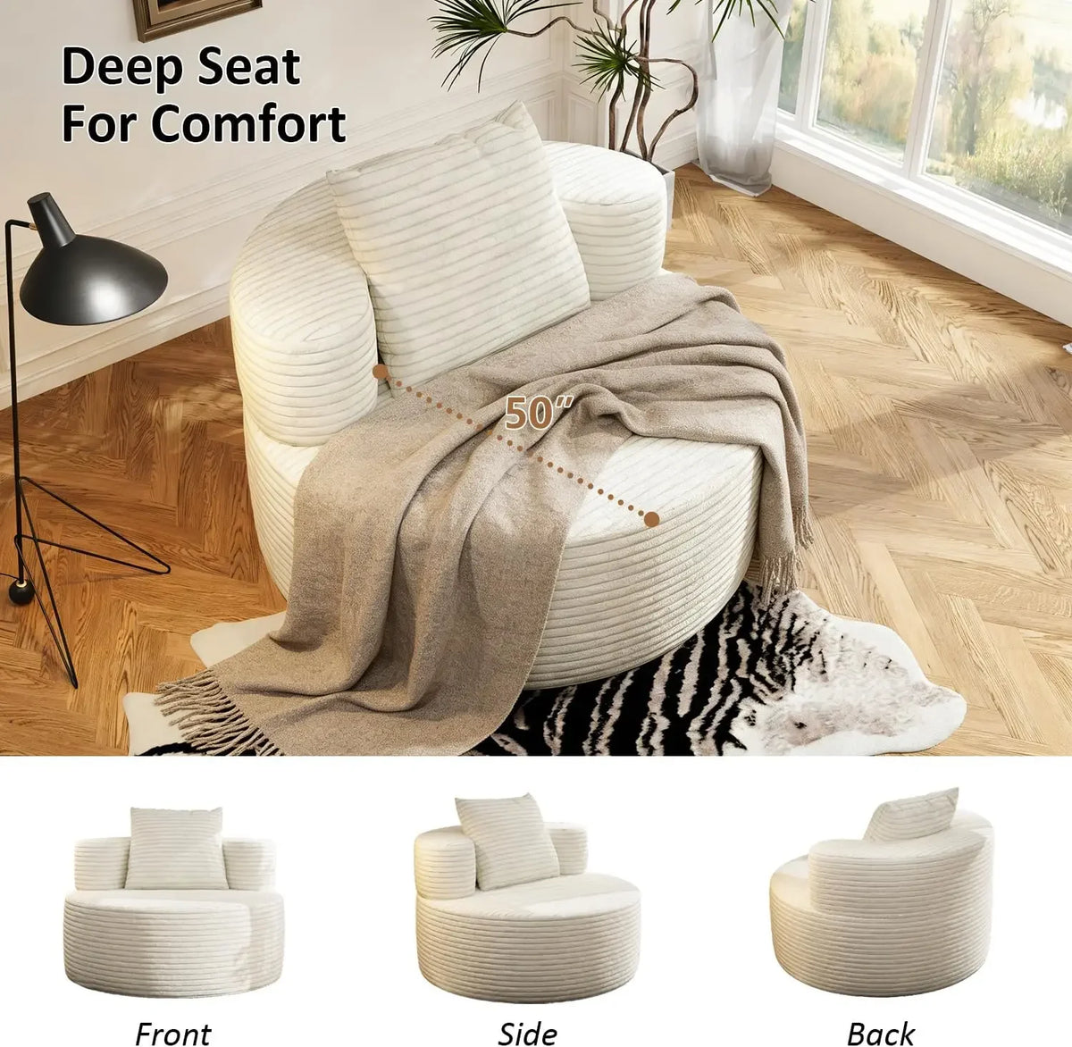 37.4" Oversized Round Chaise Lounge Chair Corduroy Floor Sofa for Adults No Assembly