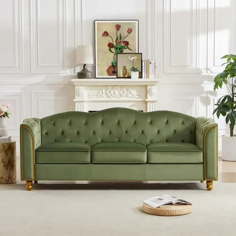 Green Velvet 3-Seater Sofa with Button Tufted Cushions, Gold Trim, and Solid Wood Legs for Living Room or Dorm