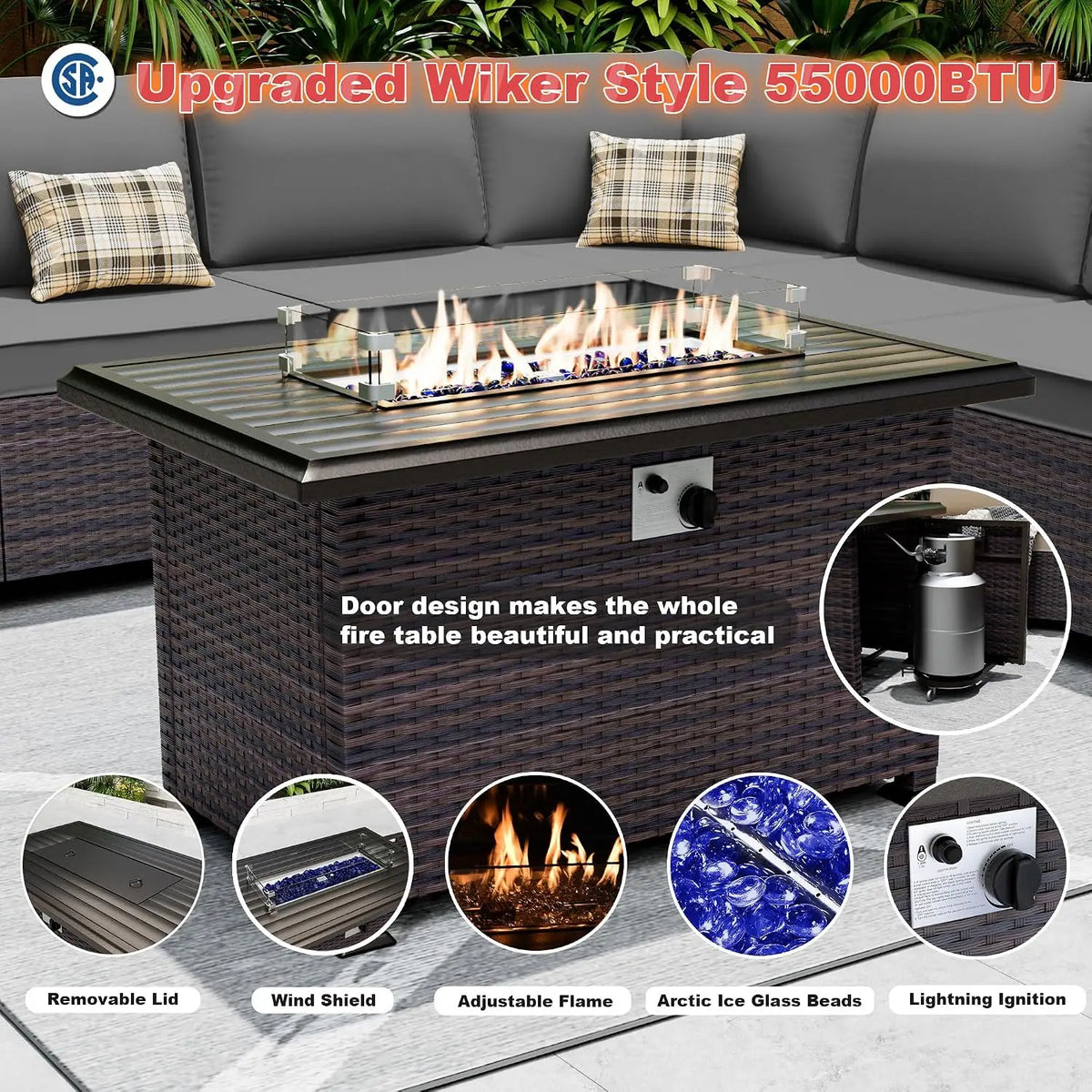 Outdoor Sectional Sofa Set w/Gas Fire Pit, 7 Pieces PE Wicker Patio Furniture, 43in Propane Table, Grey, Customized