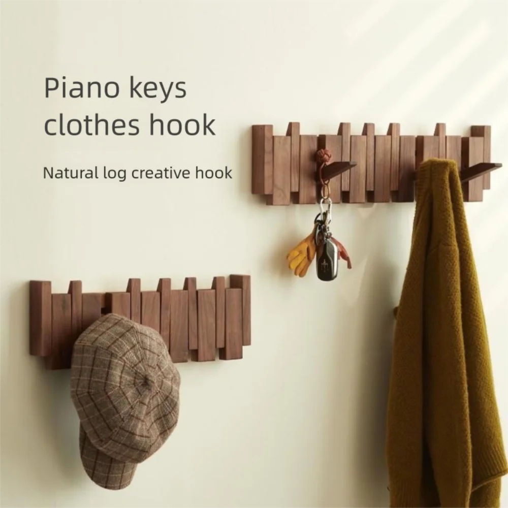 New Wall Mounted Wood Coat Racks with 8 Hooks Piano Key Shaped Entry Door Porch Hanging Hook Art Hats Organizer Keys
