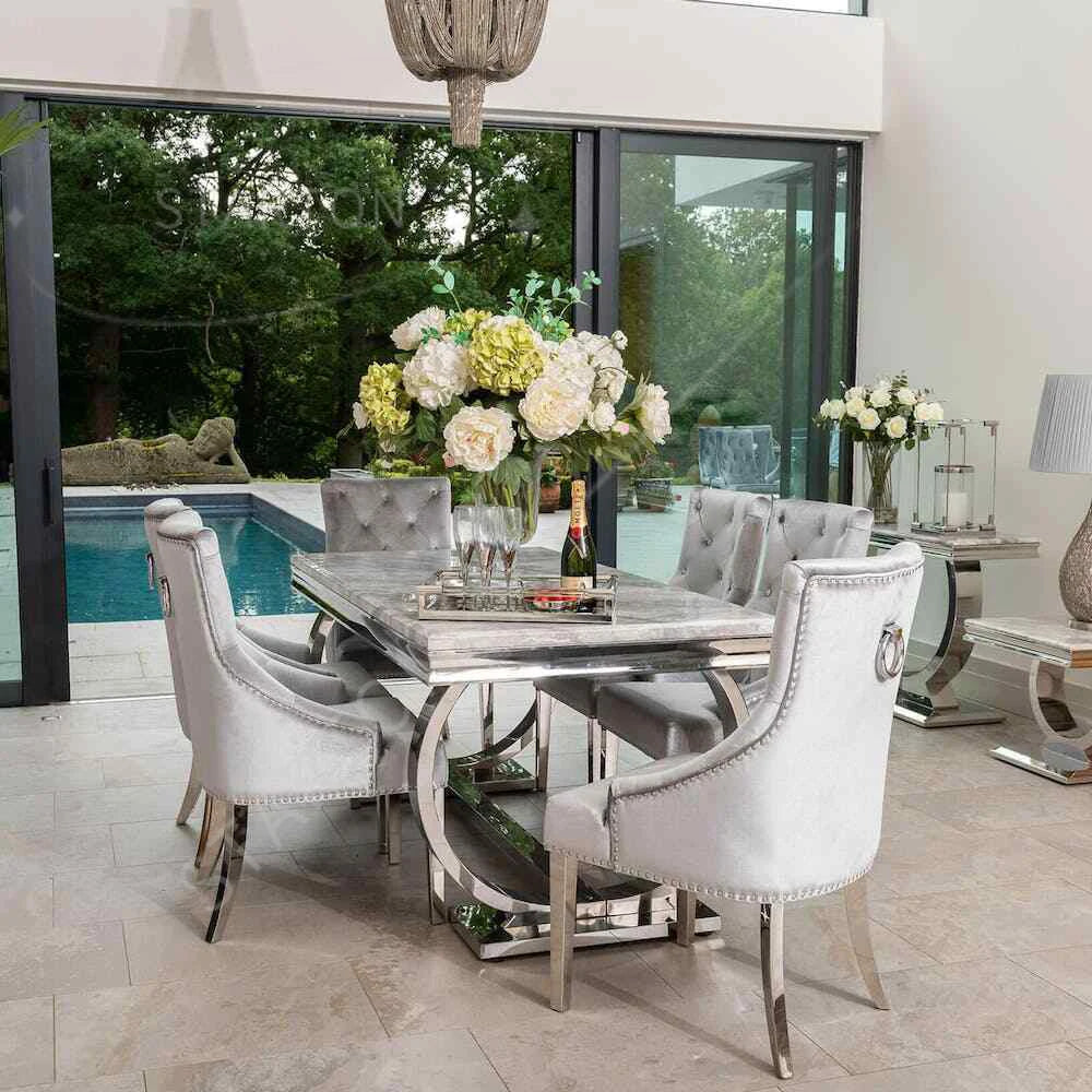 Modern Living Room Furniture Stainless Steel Dining Tables and Chairs Set Marble Stainless Steel  Dining Table