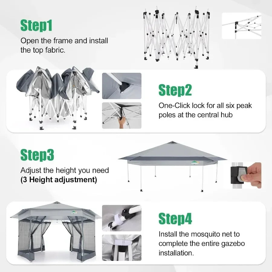 16x16 Pop Up Gazebo with Mosquito Netting, Hexagonal Screened Canopy