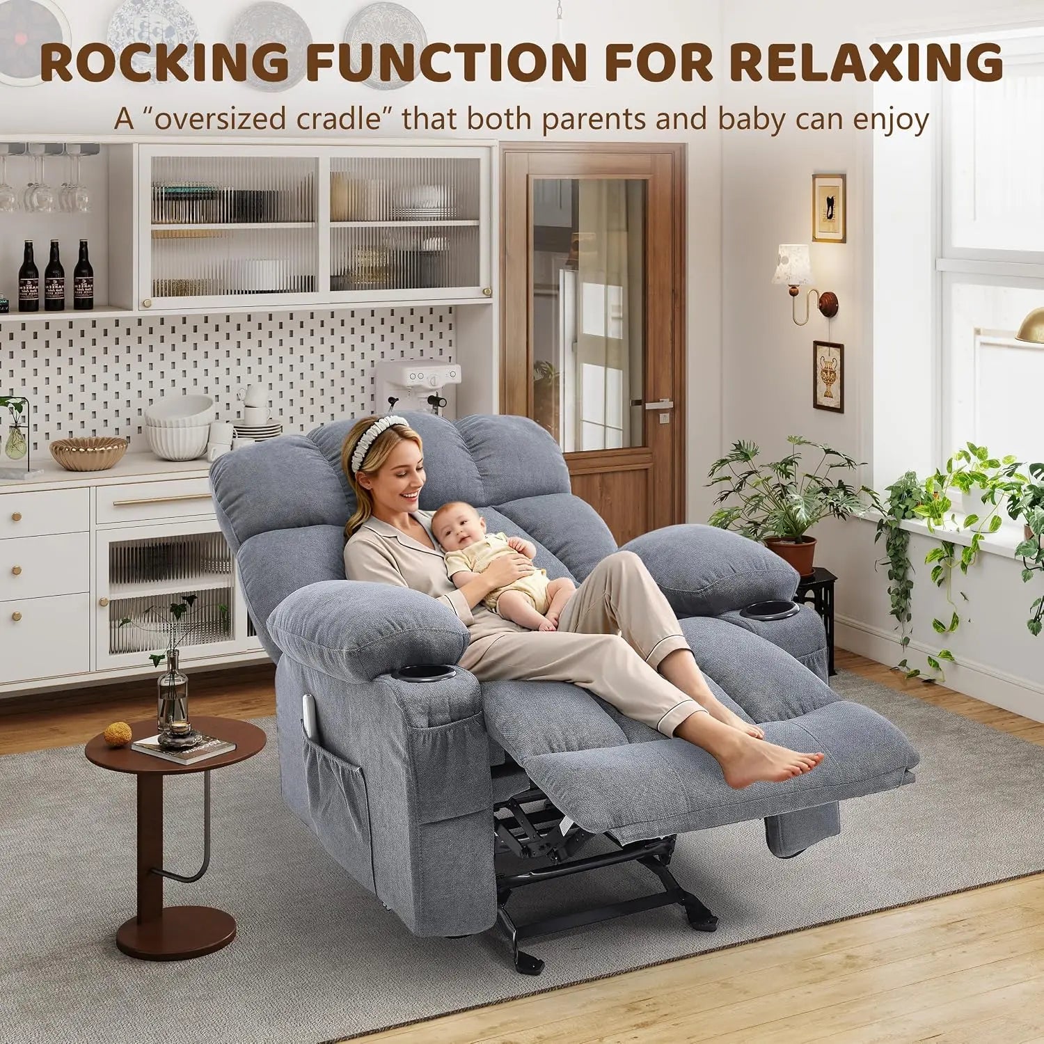 Massage Rocking Recliner Chair with Heat, USB, Cup Holders, Grey