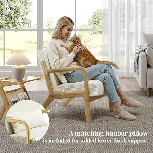 Accent Chair for Living Room, Corduroy Mid Century Modern Reading Armchairs with Lumbar Pillow for Bedroom, Decorative