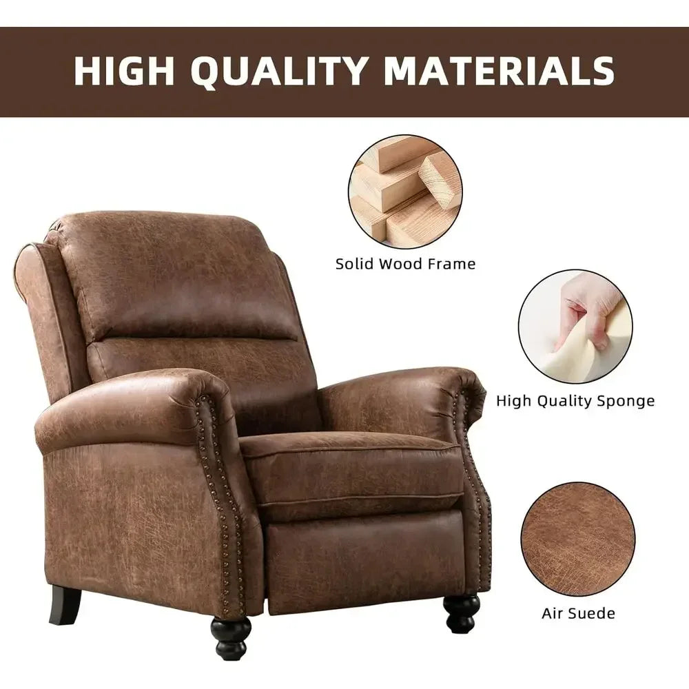 Refined Leather Recliner Chair with Rivet-Accented Wingback Design, Padded Seat, Solid Wood Legs, Ideal for Living Room Comfort