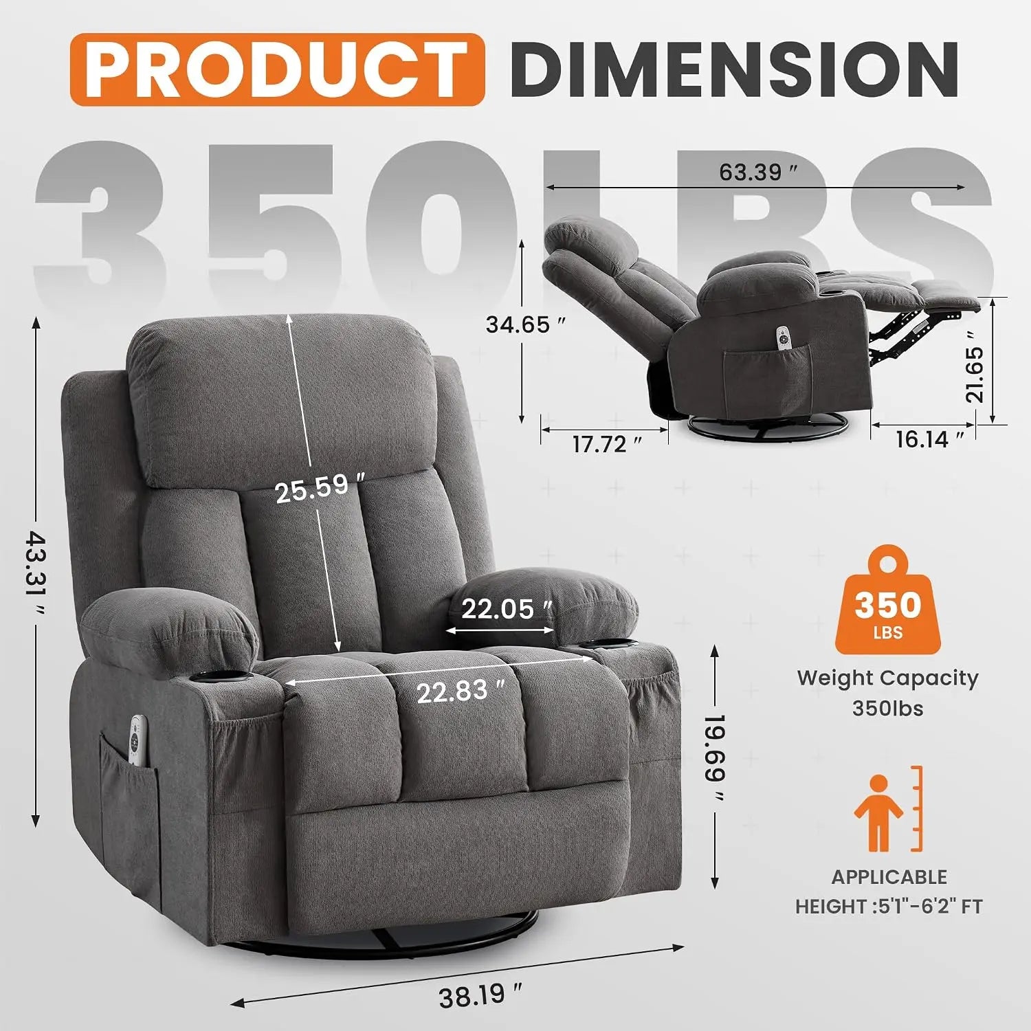 Swivel Rocker Recliner Chair with Vibration Massage and Lumbar Heating Ergonomic Lounge Chair for Living Room with Rocking