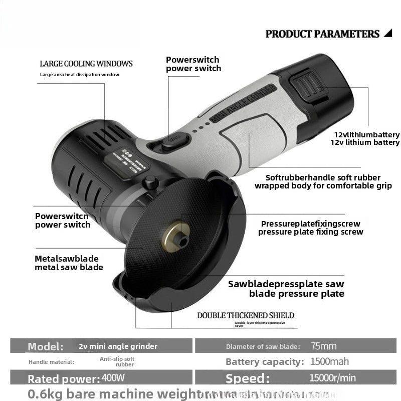 12V Lithium Mini Angle Grinder, Portable Lithium Wireless Small Angle Grinder, Grinding, Cutting, Polishing Machine Tool