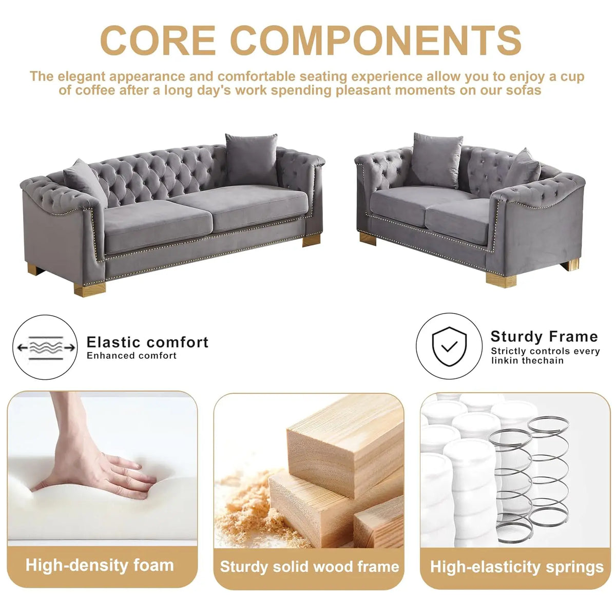 Grey Velvet Chesterfield Sofa & Loveseat Set 3-Seater 84" Loveseat 62" Rolled Arm 4 Cushion Living Room Furniture, Customized