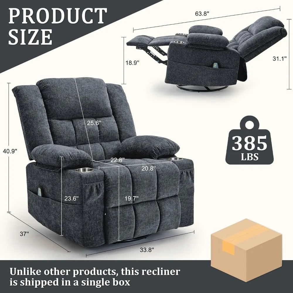 360° Swivel Rocker Recliner with Massage & Heating, Cup Holder, Fabric Dark Gray