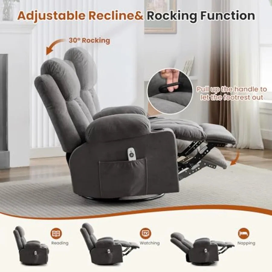 Swivel Rocker Recliner Chair with Vibration Massage and Heat for Living Room, with Rocking Function and Side Pocket, USB Charge
