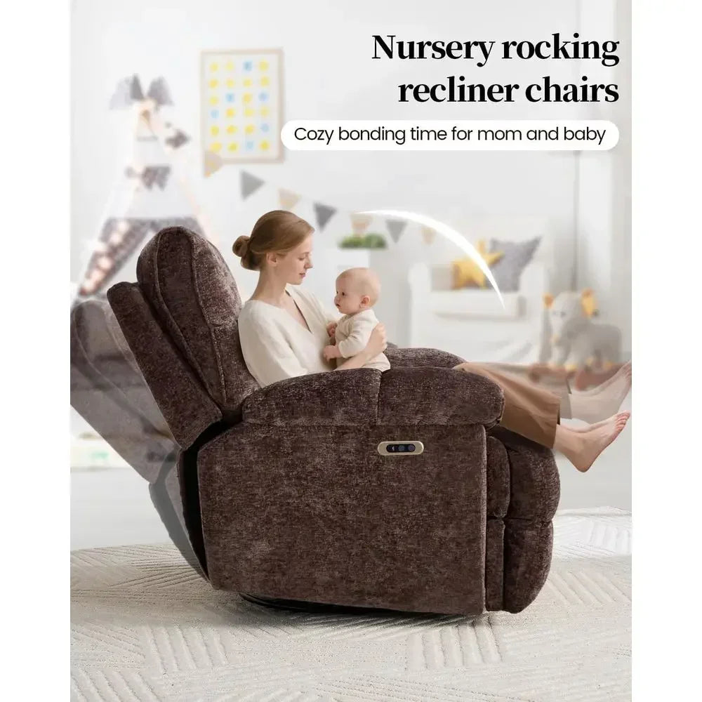 Extra Wide Power Recliner with Swivel, Rocker, and USB Ports, Ideal for Living Room or Nursery, Supports Up to 375lbs, Brown