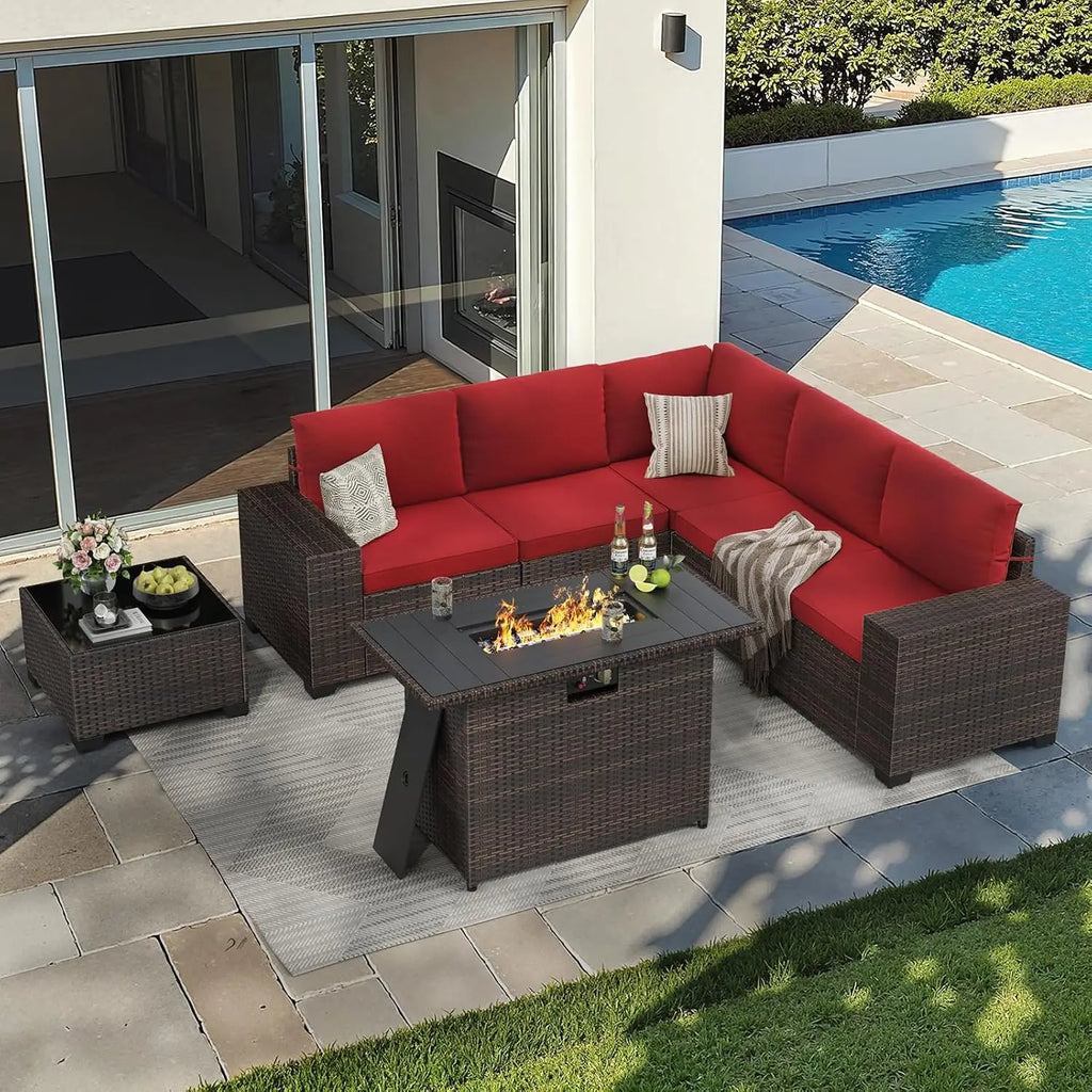 7-Piece Patio Set with 44" Fire Pit Table, Outdoor Wicker Rattan Sectional Sofa for Garden Porch Backyard, Customized
