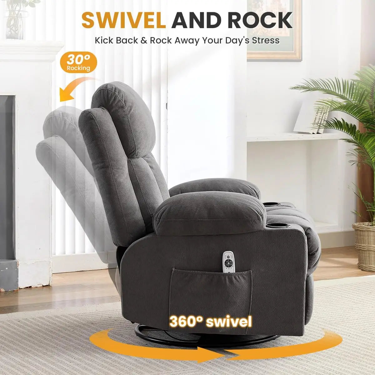 Swivel Rocker Recliner Chair Massage Heating USB Charge Side Pockets 155 Reclining 30 Rocking