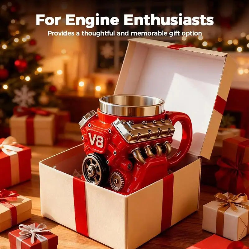 V8 Engine Coffee Mug, Retro Engine Coffee Mug V8 Stainless Steel Cup Double Wall Insulation With Handle For Car Enthusiast Gift