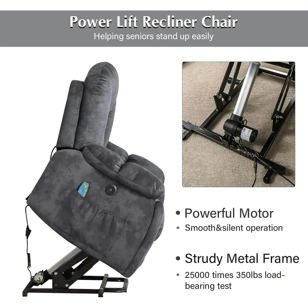 Oversized Recliner with Massage, Heat, USB Port, and Safety Mechanism for Elderly, Gray
