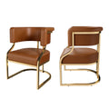Modern Dining Chairs Set Of 2 With Gold Metal Legs, PU Leather Upholstered Kitchen Chairs, Brown