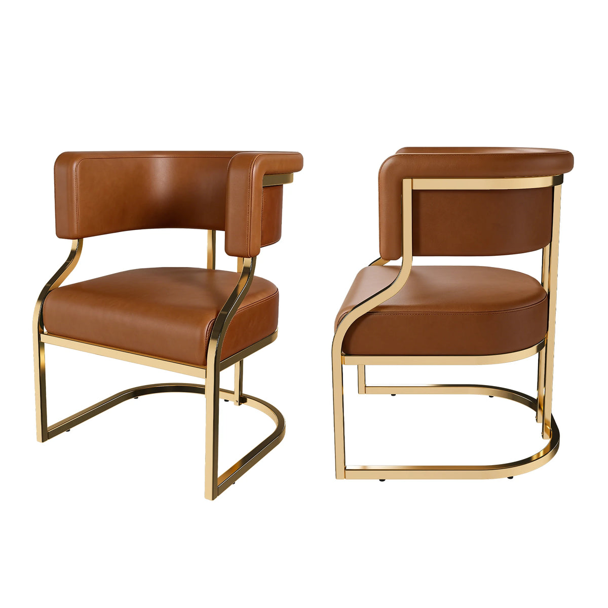 Modern Dining Chairs Set Of 2 With Gold Metal Legs, PU Leather Upholstered Kitchen Chairs, Brown