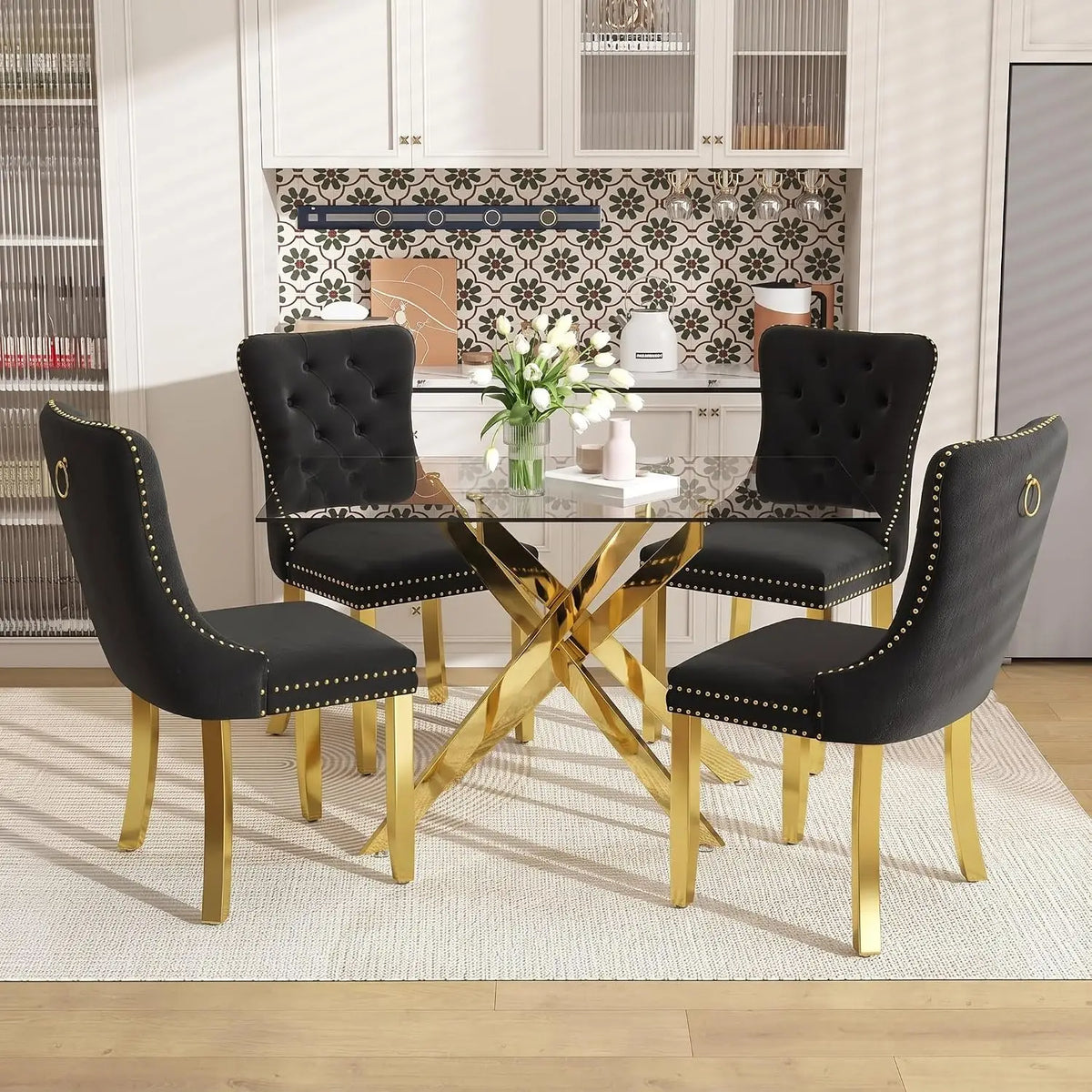51" Glass Dining Table Set for 4, Grey | Tempered Glass Top, Silver Metal Legs, Velvet Chairs, Modern Dining Room Set, Custom