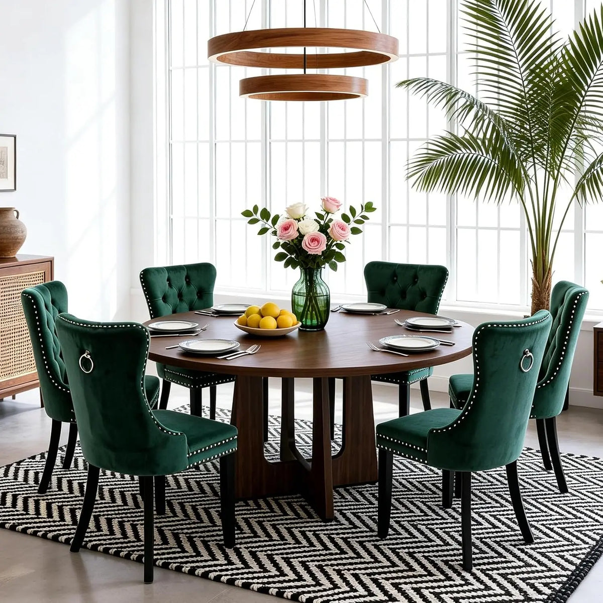 7-Piece Round Dining Table Set for 6, 47" Black Farmhouse Kitchen Table with 6 Gray Velvet Tufted Chairs, Modern Circle, Custom