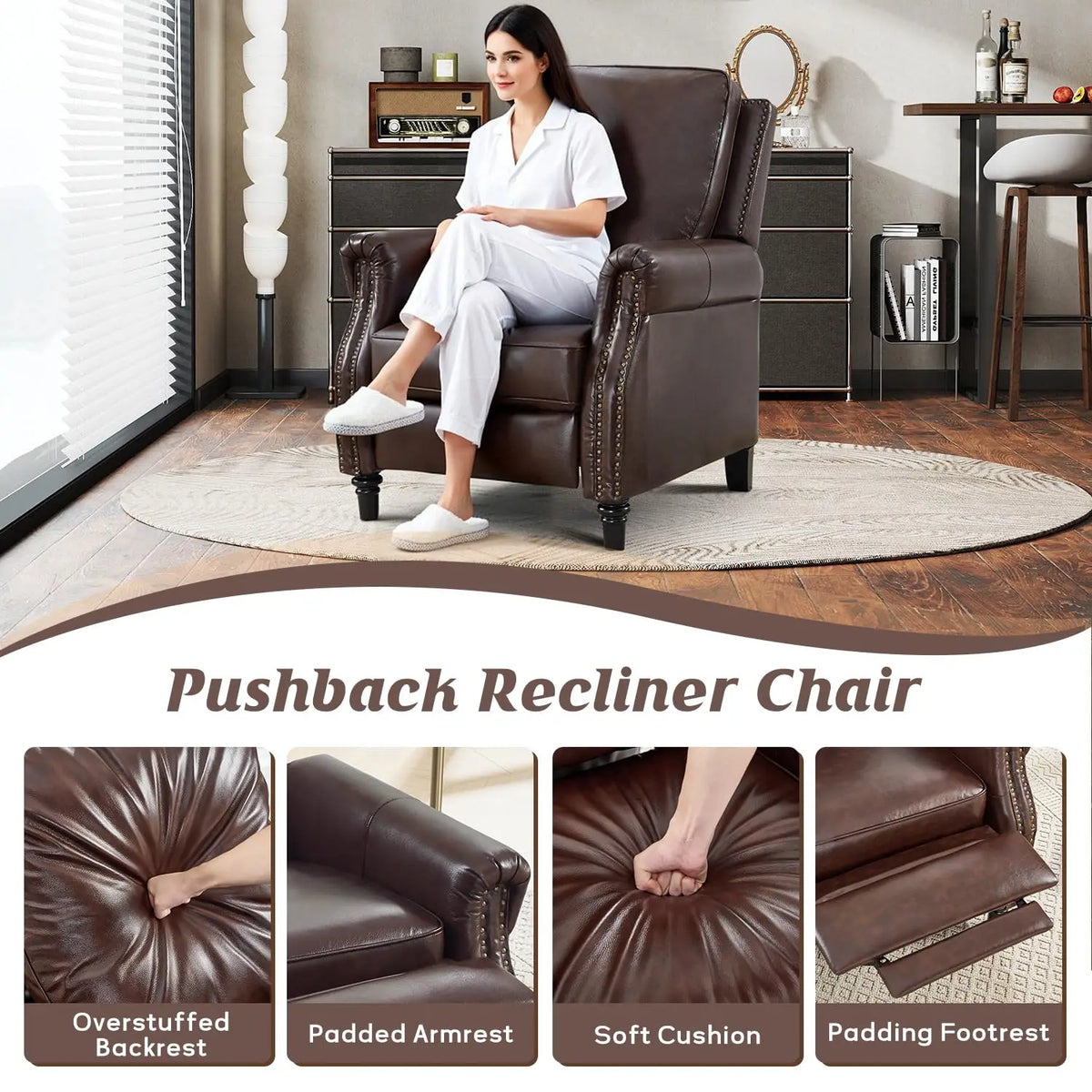 Genuine Leather Push Back Recliner with Padded Seat & Wingback, Rivet Single Sofa for Living Room, Dark Brown, Customized