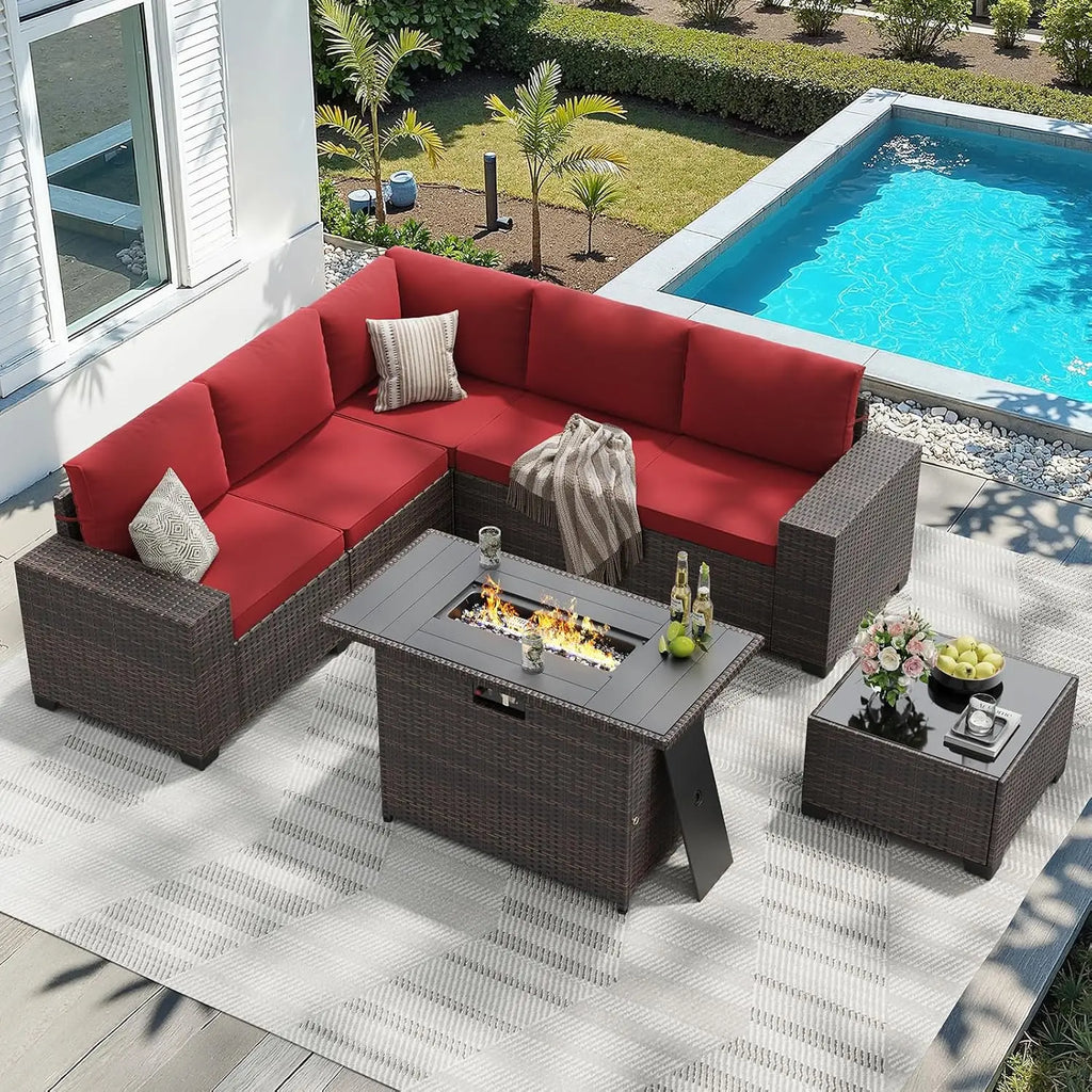 7-Piece Patio Set with 44" Fire Pit Table, Outdoor Wicker Rattan Sectional Sofa for Garden Porch Backyard, Customized