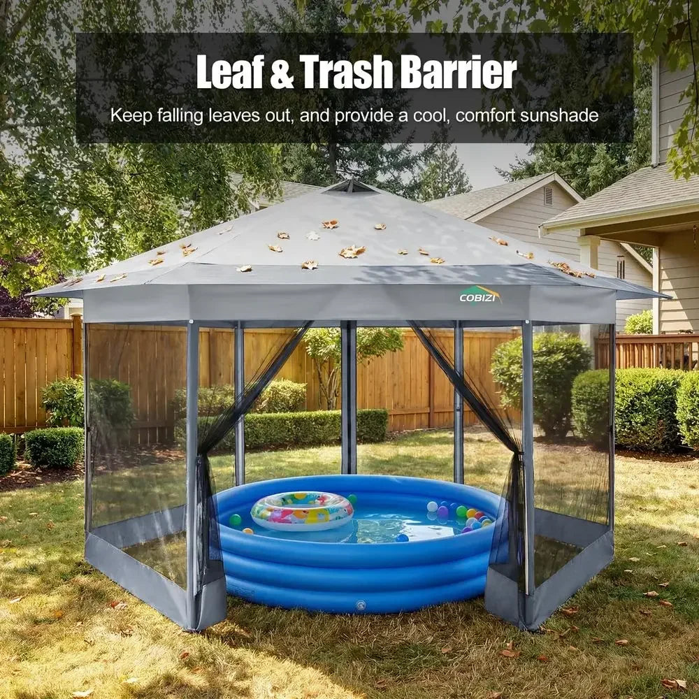 Pop Up Gazebo16x16 Tent with Mosquito Netting, White Gazebos on Clearance, Hexagonal Outdoor Canopy Shelter, Center Lock 6Sided