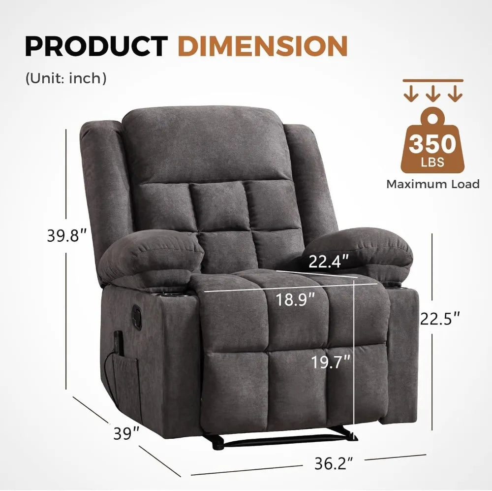 Manual massage heated adult recliner, armchair with two cup holders and side pockets, living room recliner sofa, gray