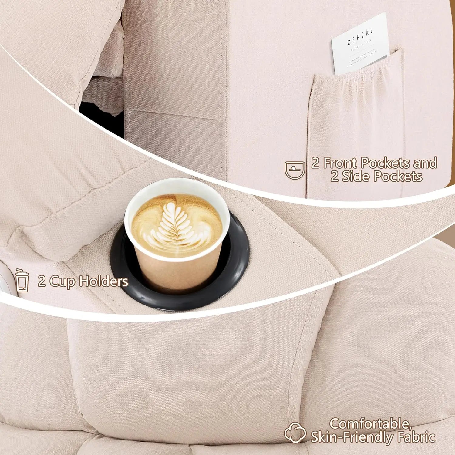 Massage Rocker Recliner Chair with Heat & Vibration Nursery Glider 4 Pockets 2 Cup Holders Fabric Beige, Customized