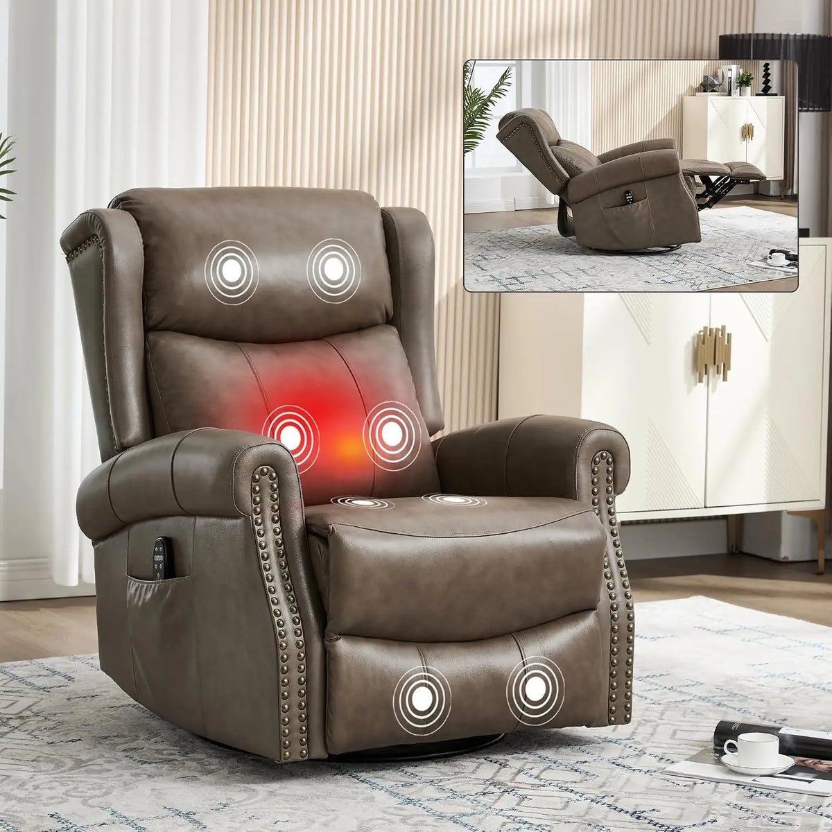 Genuine Leather Manual Recliner Chair with Swivel Rocker Massage Heat Nursery Small Space Blue, Customized