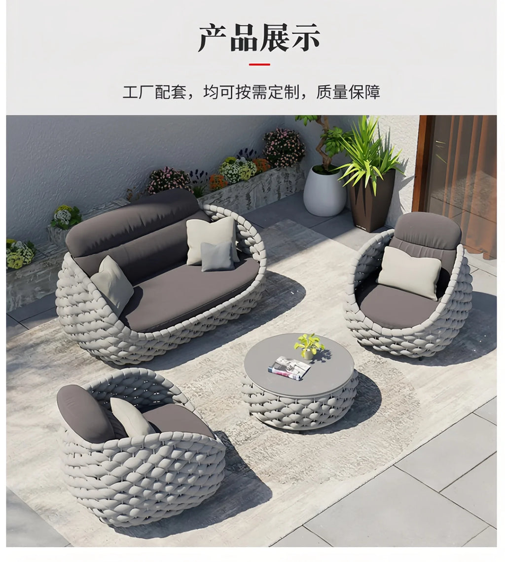 `Outdoor Rattan Sofa Coffee Table Set Waterproof UV Resistant Villa Courtyard Garden Terrace Leisure Wicker Patio Furniture`