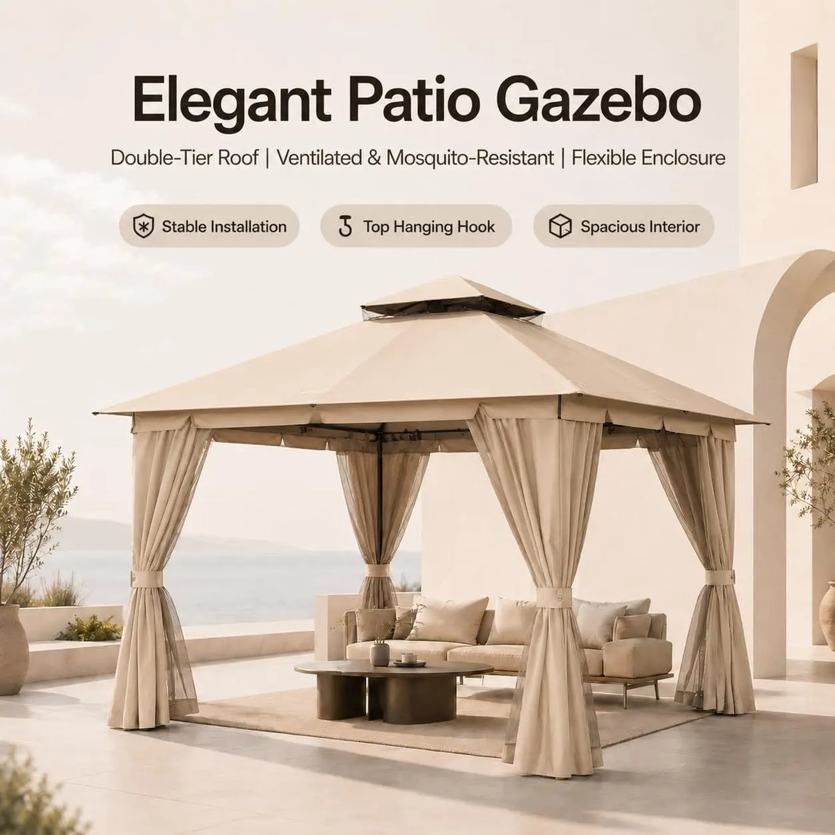 10'x13' Gazebo Metal Canopy Shelter with Double Roof Mosquito Netting & Privacy Curtains for Backyard Garden Deck, Customized