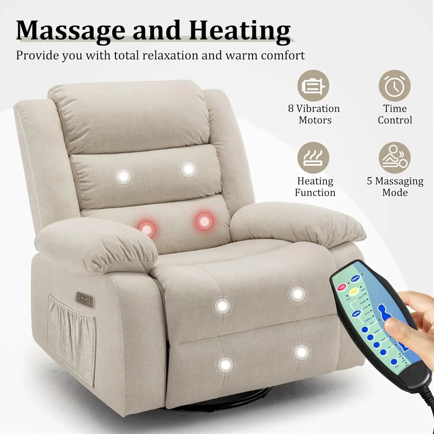 Power Recliner Chair with Massage Heat 270° Swivel USB Port Oversized Wide Seat Beige