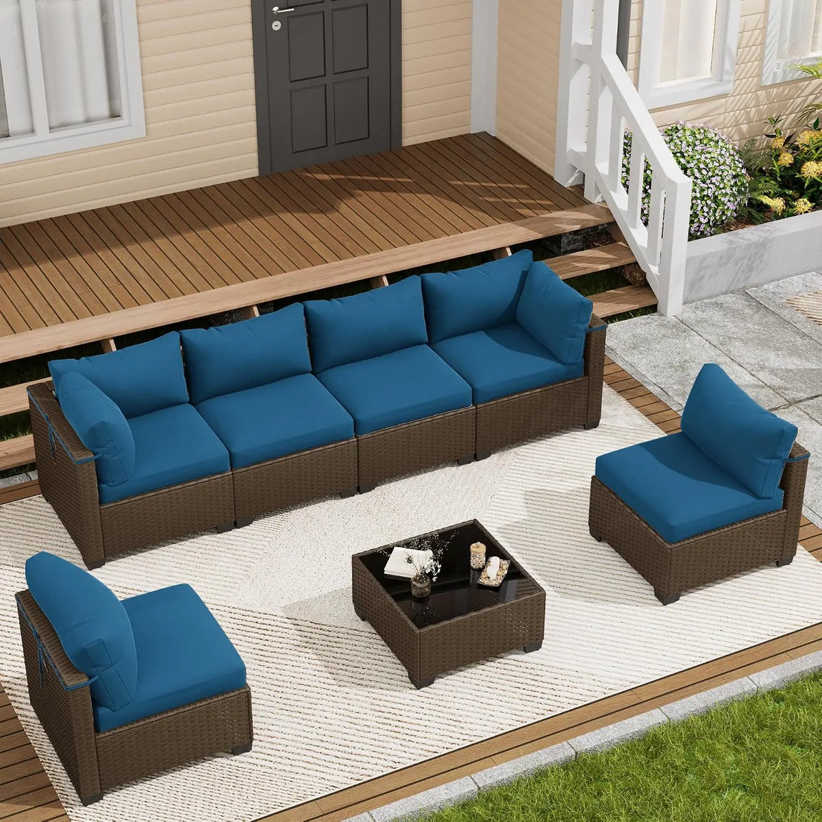 7 Piece Wicker Rattan Patio Conversation Set, Outdoor Sectional Sofa, Custom