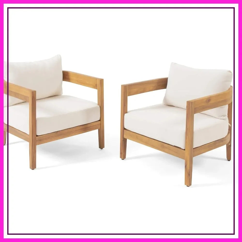 Outdoor Club Chair Set of 2 Acacia Wood Beige Cushion Patio