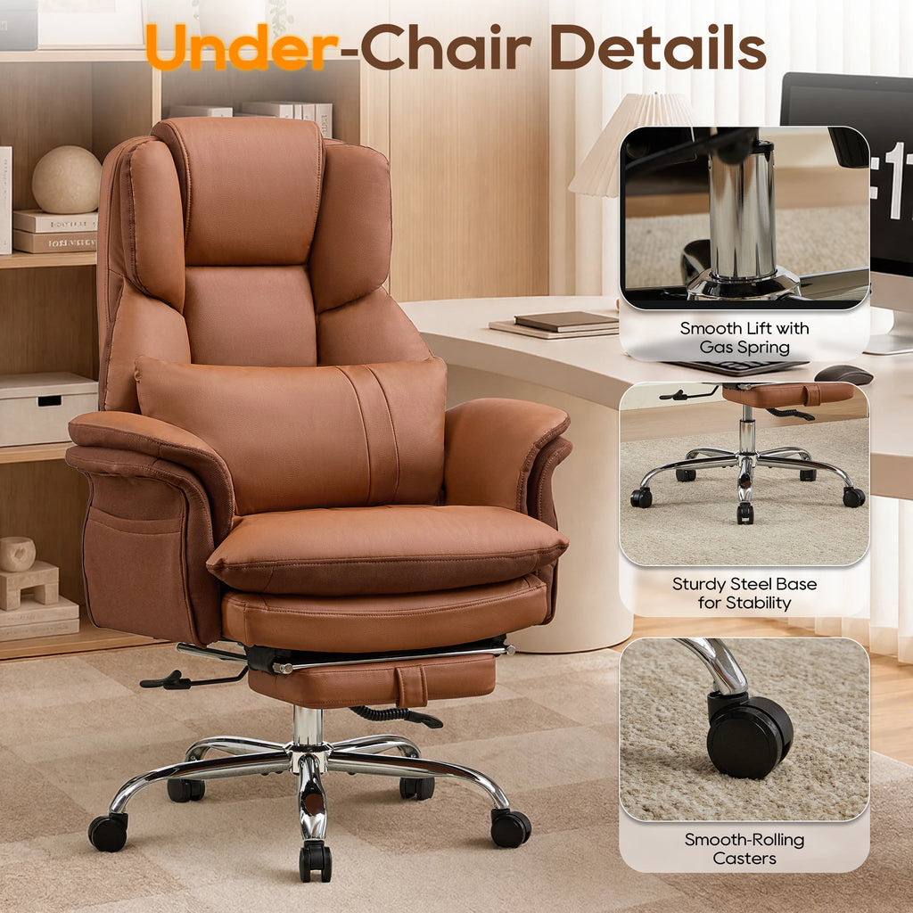 TCGBKAF Big and Tall Office Chair Executive Chair Brown PU Leather Criss Cross Chair with Adjustable Backrest and Flip Armrests, Ergonomic Computer Desk Chair with Footrest for Home &Office