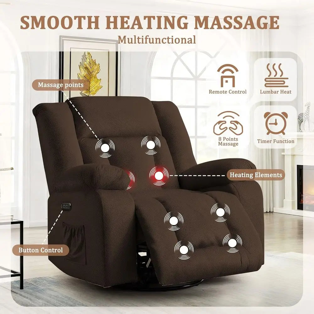 Adult Ergonomic Swivel Rocker Recliner with Heat and Massage for Living and Bedroom Spaces