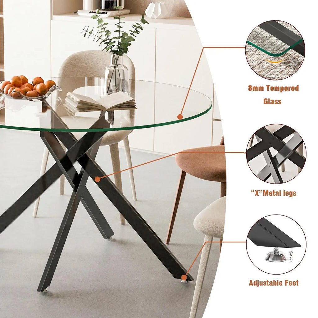 5-Piece Round Glass Dining Table Set for 4, 47.2" Circle Table with 4 Tufted Chairs for Kitchen Home Office, Customized