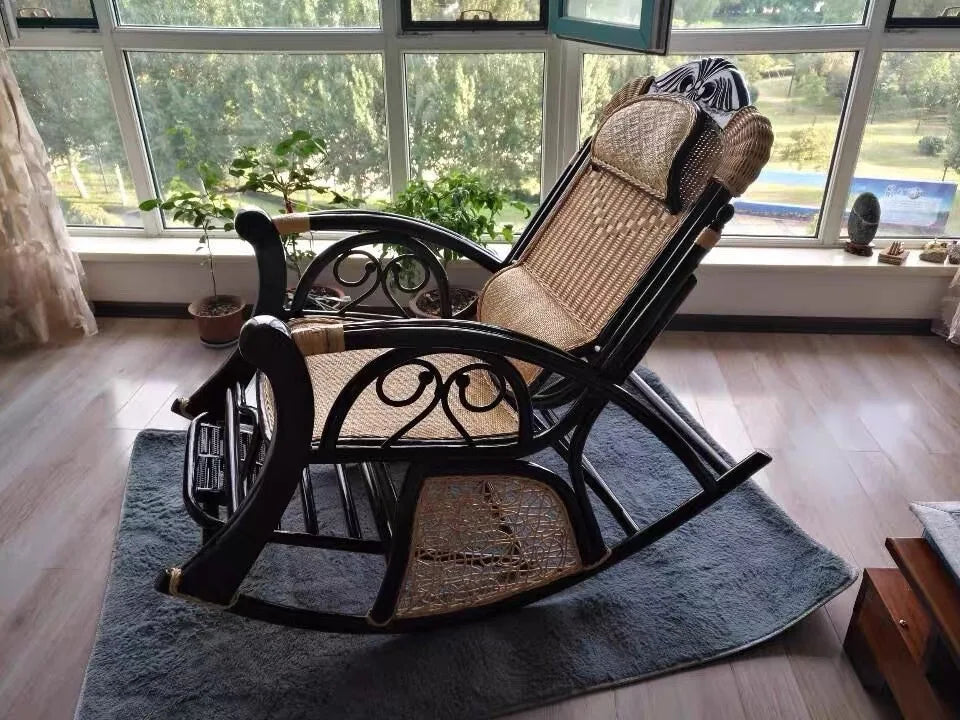 CZ Rocking Chair Hanging Basket Natural Real Rattan Plant Woven Relaxing Leisure Recliner